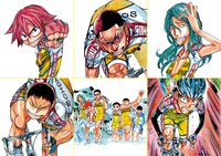 原作マンガ「弱虫ペダル」のキャラクター。上段左から鳴子章吉、金城真護、巻島裕介。下段左から田所迅、総北高校自転車競技部のメンバー、杉元照文。