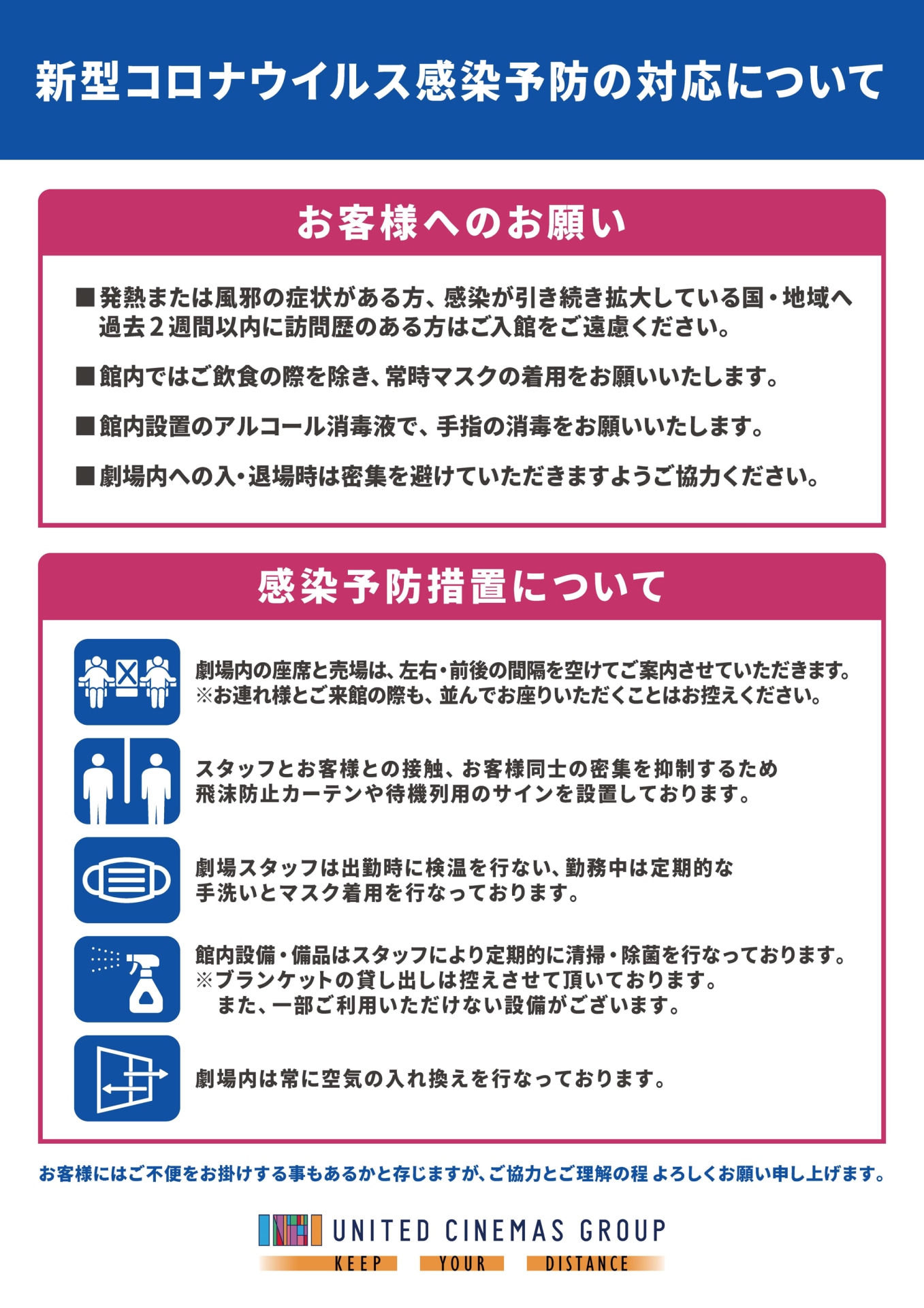 営業再開に際し、ユナイテッド・シネマが行う新型コロナウイルス感染予防の対応。