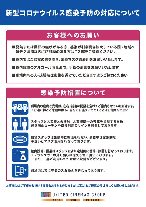 営業再開に際し、ユナイテッド・シネマが行う新型コロナウイルス感染予防の対応。