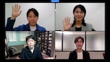 ドラマ「スイッチ」リモート会見の様子。上段左から阿部サダヲ、松たか子。下段左から坂元裕二、月川翔。