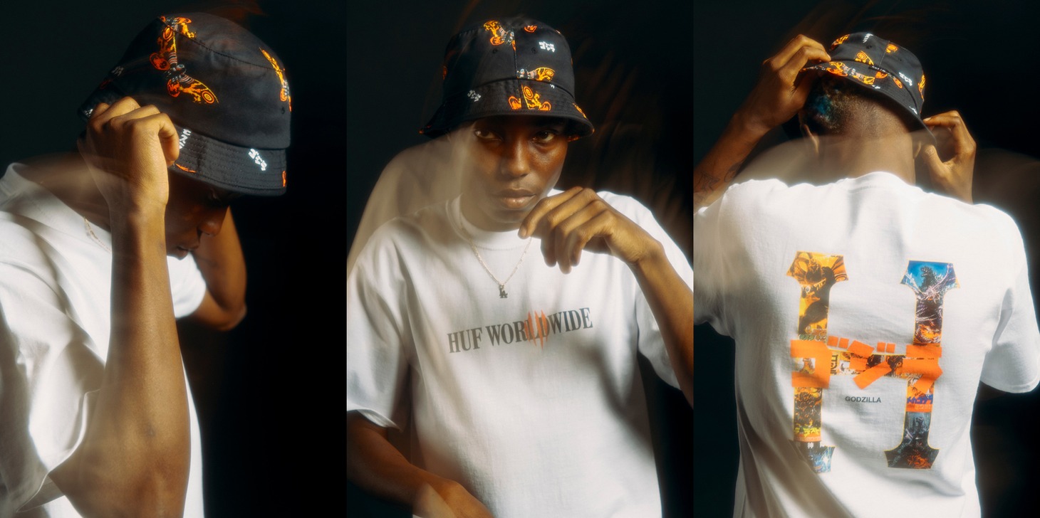 GODZILLA CLASSIC H S/S TEE（税込6050円）、MOTHRA BUCKET HAT（税込6600円）。