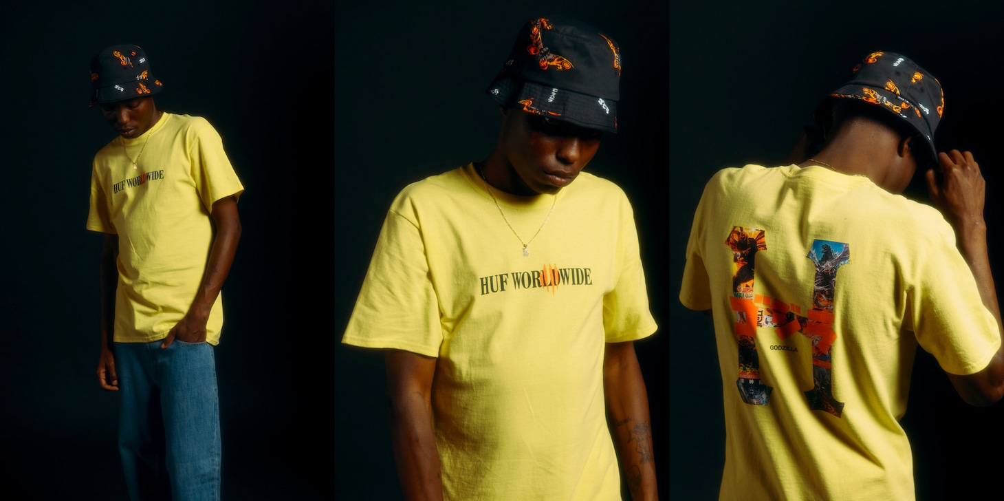 GODZILLA CLASSIC H S/S TEE（税込6050円）、MOTHRA BUCKET HAT（税込6600円）。