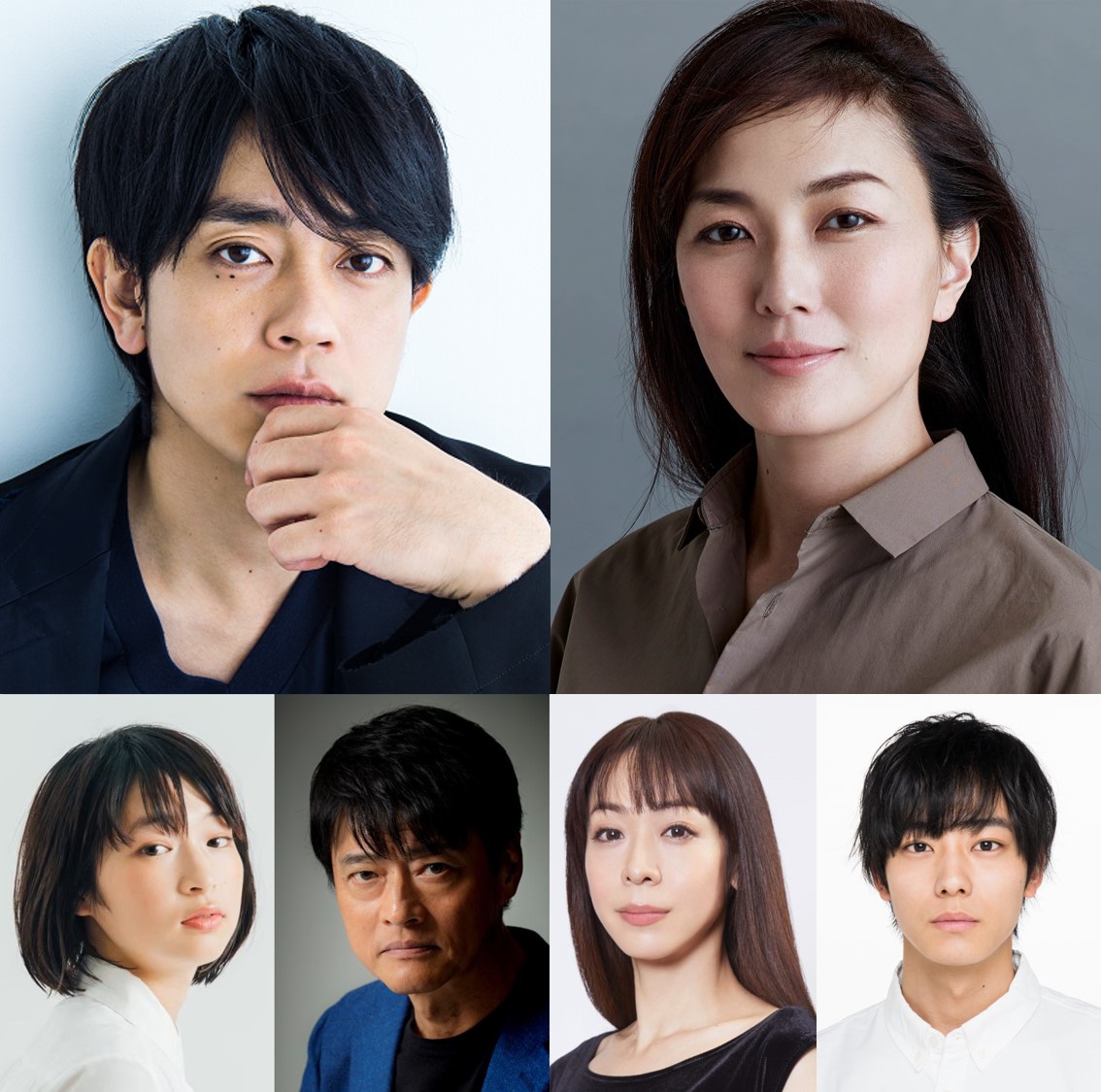 「13（サーティーン）」追加キャスト一覧。上段左より青柳翔、板谷由夏。下段左より石川瑠華、神保悟志、遊井亮子、井上祐貴。
