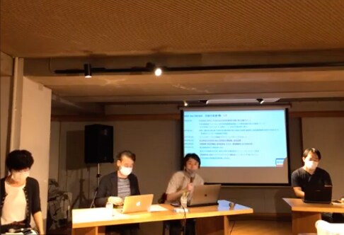 ミニシアターを救え!、SAVE the CINEMA、ミニシアター・エイド基金、SAVE the CINEMA movement合同報告会の様子。諏訪敦彦(中央左)、⻄原孝至(中央右)、馬奈木厳太郎(右)。