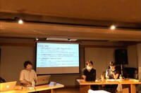 ミニシアターを救え！、SAVE the CINEMA、ミニシアター・エイド基金、SAVE the CINEMA movement合同報告会の様子。左から⻄原孝至、馬奈木厳太郎、岩崎ゆう子。