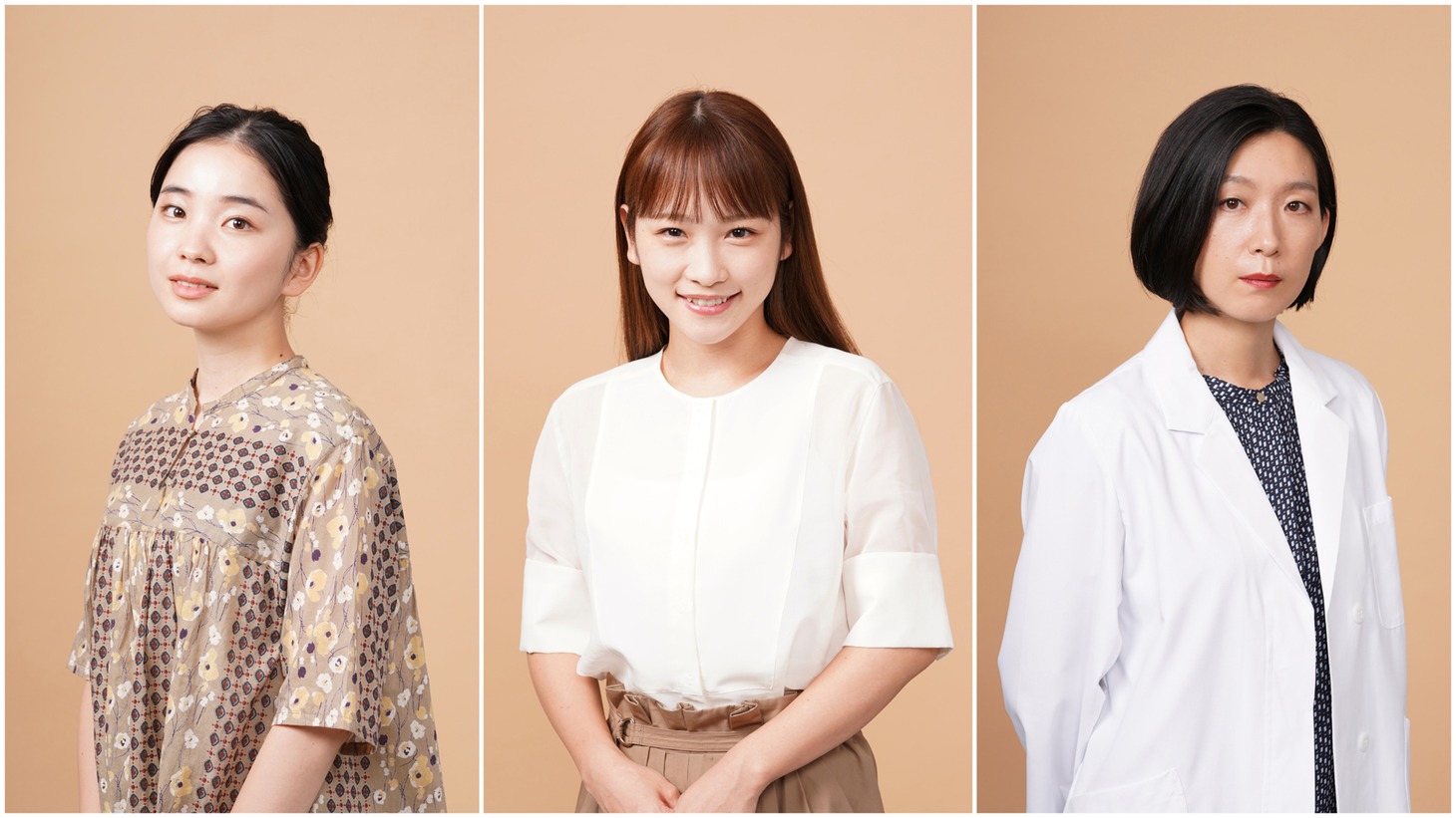 左から乙牧栞役の福地桃子、我孫子沙織役の川栄李奈、富近ゆり役の江口のりこ。