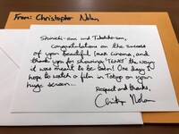 クリストファー・ノーランからグランドシネマサンシャインへの感謝状。