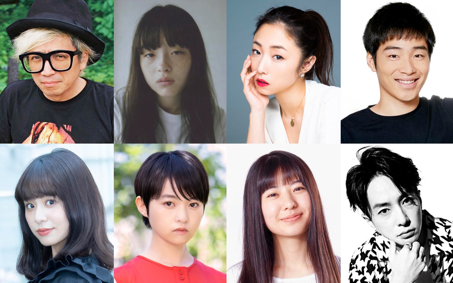 「東京デザインが生まれる日」スタッフ・キャスト。上段左から千原徹也、モトーラ世理奈、MEGUMI、後藤淳平。下段左からもも、伊藤万理華、新井郁、奈良裕也。