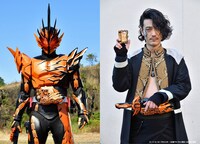 左から仮面ライダーファルシオン、谷口賢志演じるバハト。