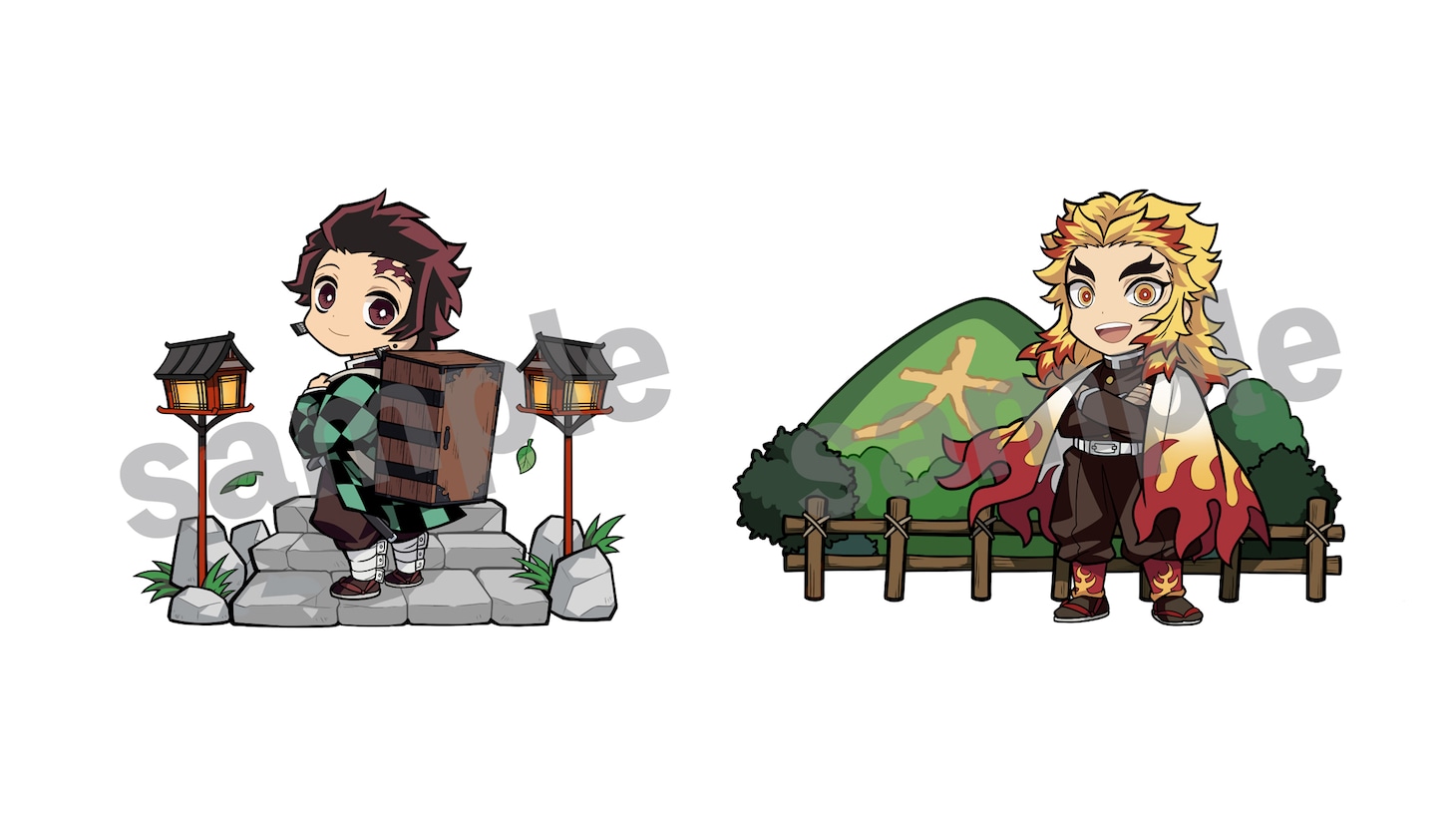 竈門炭治郎（左）と煉獄杏寿郎（右）のミニキャライラスト。