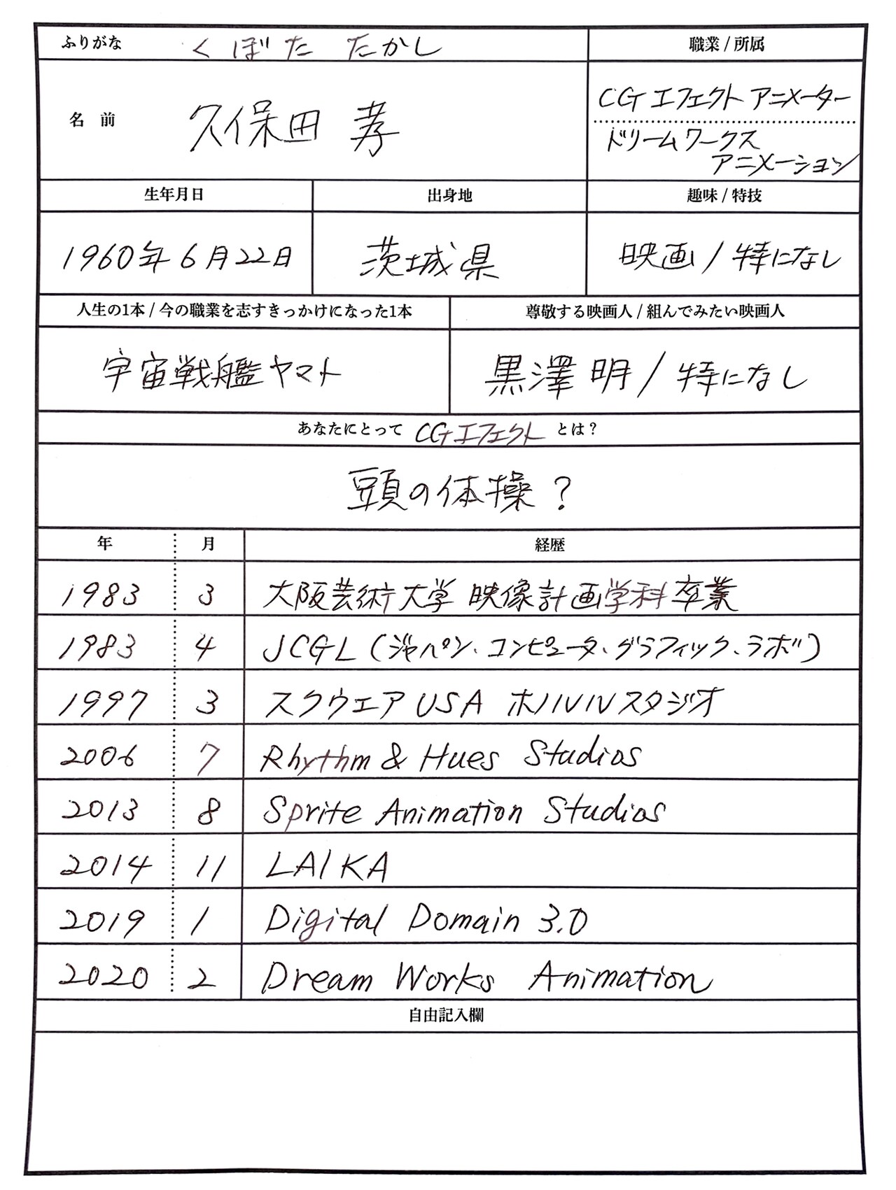 久保田孝による手書きの履歴書。