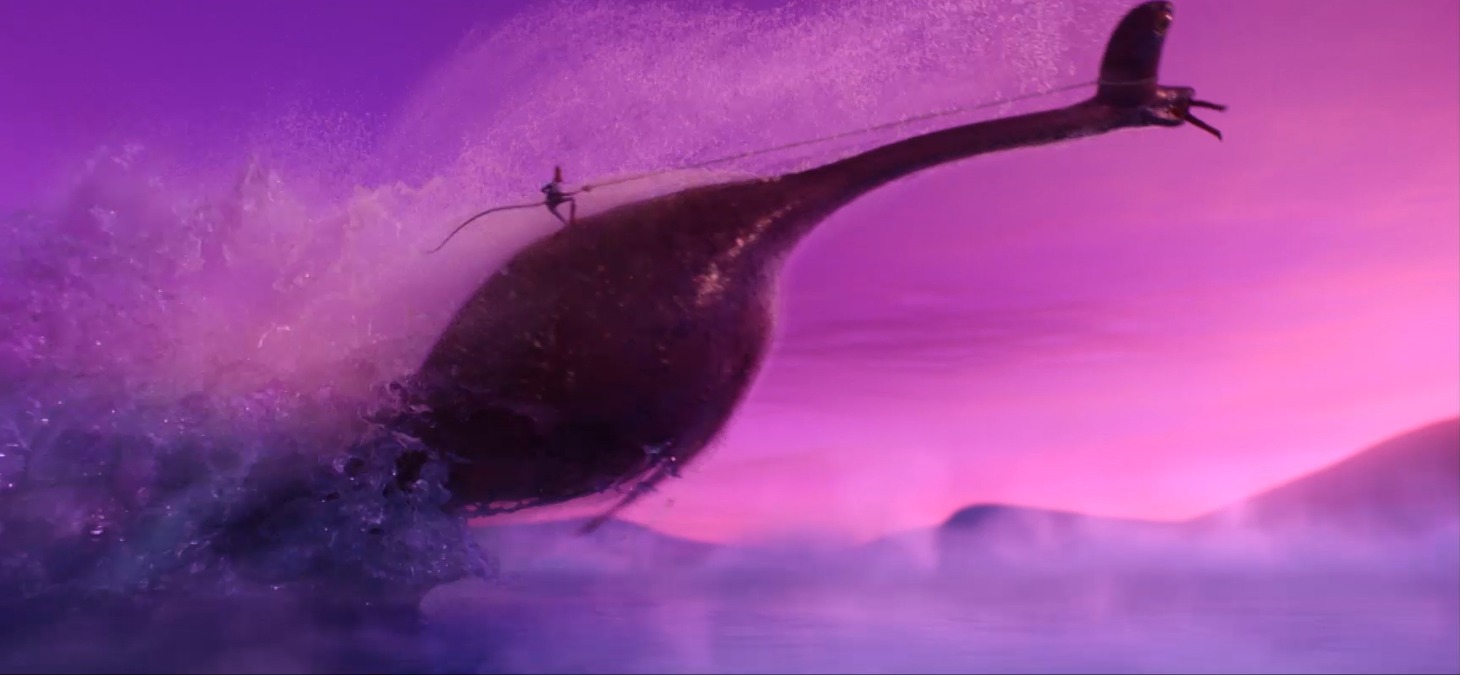 「ミッシング・リンク 英国紳士と秘密の相棒」より、ライオネルと恐竜の格闘シーン。 (c)2019 SHANGRILA FILMS LLC.