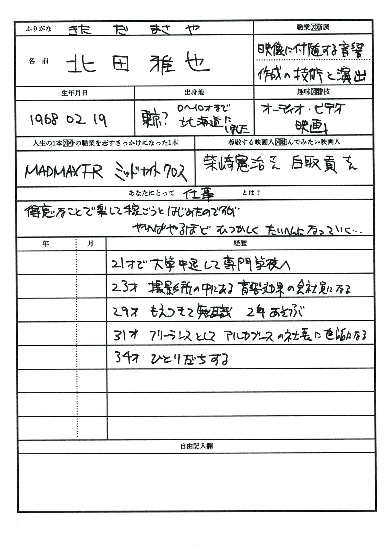 北田雅也による手書きの履歴書。