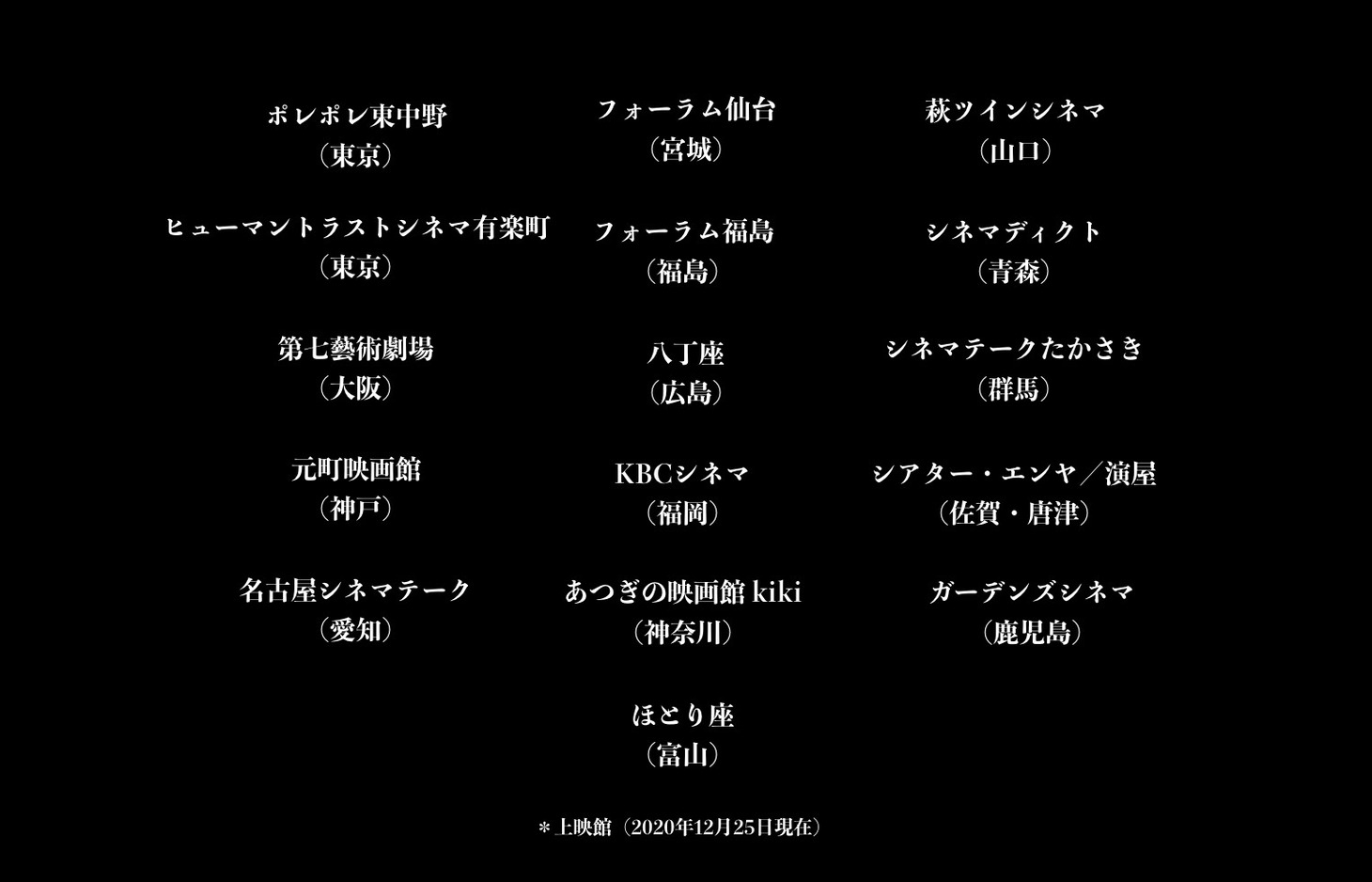 幕前映像の上映館（2020年12月25日現在）。