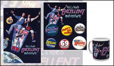 「ビルとテッド」公式商品ビジュアル。左からポスター（税込1200円）、バッジセット（税込980円）、マグカップ（税込1620円）。