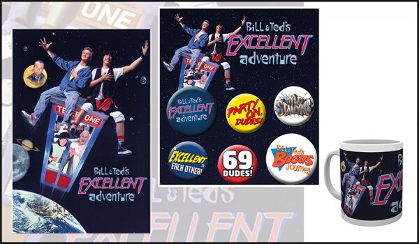 「ビルとテッド」公式商品ビジュアル。左からポスター（税込1200円）、バッジセット（税込980円）、マグカップ（税込1620円）。