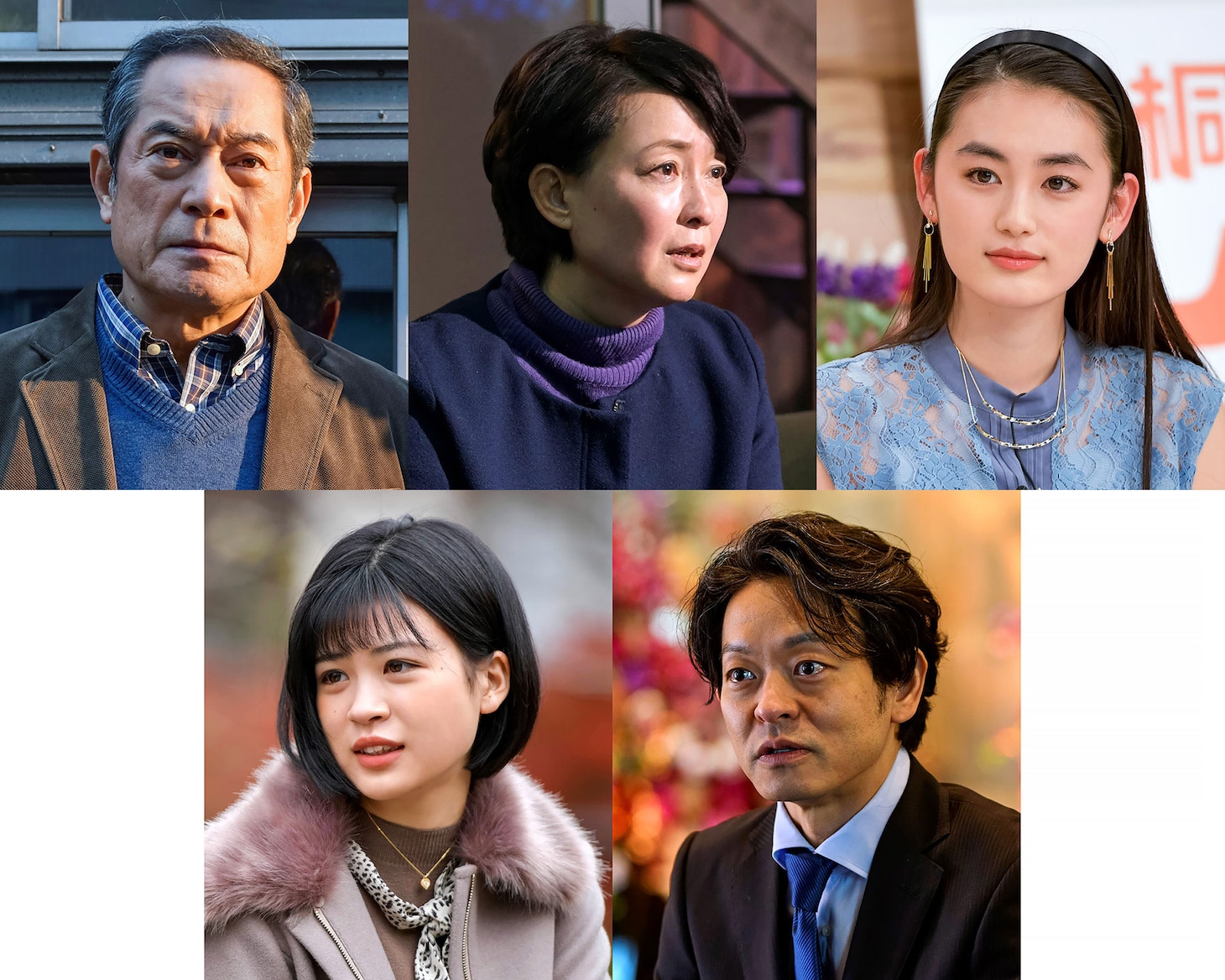 「アノニマス～警視庁“指殺人”対策室～」第1話ゲスト一覧。上段左から松平健、床嶋佳子、八木莉可子。下段左から中田青渚、山中崇。