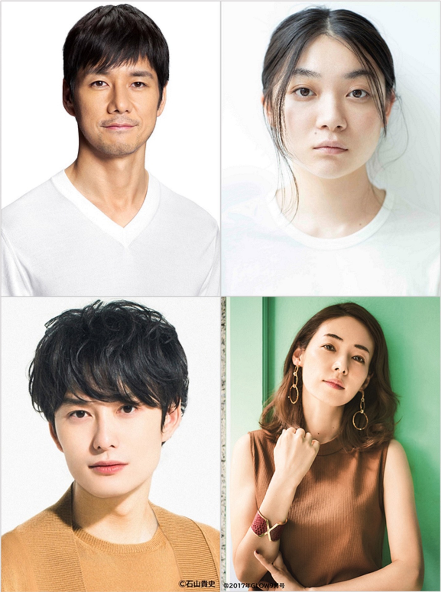 「ドライブ・マイ・カー」キャスト。上段左から西島秀俊、三浦透子。下段左から岡田将生、霧島れいか。
