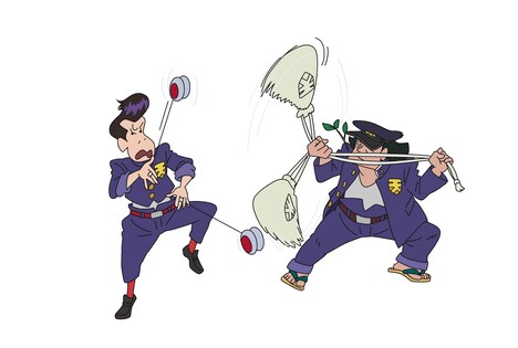 「映画クレヨンしんちゃん 謎メキ!花の天カス学園」より、長田庄平が声を当てるヨーヨー(左)、松尾駿が声を当てる給食袋(右)。