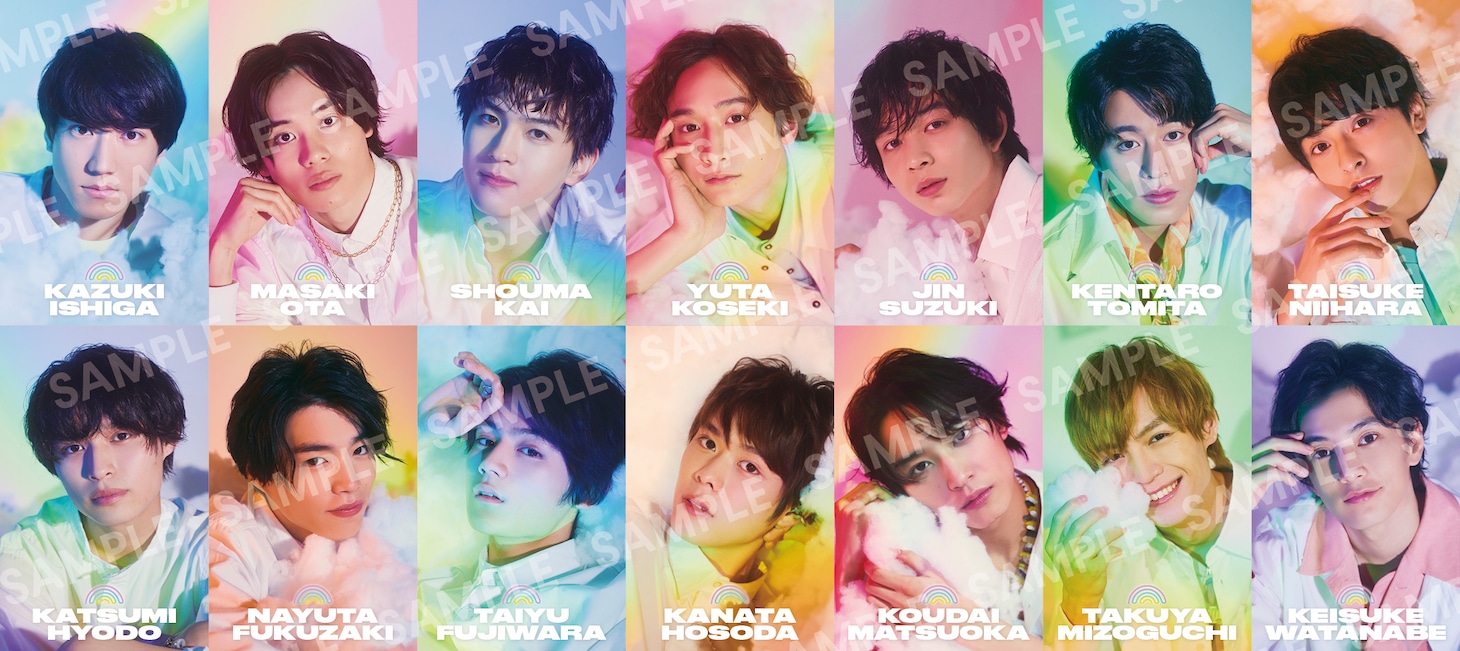 「TEAM HANDSOME！ NYLON SUPER VOL.4 -SUPER HANDSOME LIVE 2021 OVER THE RAINBOW-」アスマート購入特典の両面ミニフォトカード14枚のイメージ。