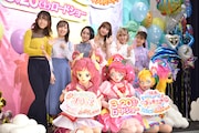 「映画ヒーリングっど▼プリキュア ゆめのまちでキュン!っとGoGo! 大変身!!」完成披露舞台挨拶の様子。左から河野ひより、依田菜津、悠木碧、藤田ニコル、ファイルーズあい、三森すずこ。