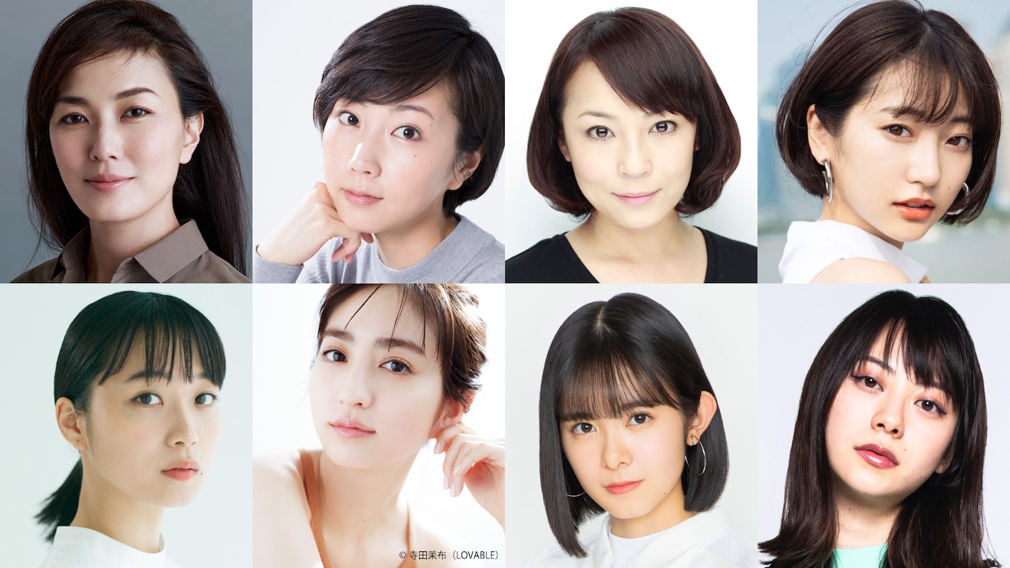 「八月は夜のバッティングセンターで。」ゲストキャスト。上段左から板谷由夏、木南晴夏、佐藤仁美、武田玲奈。下段左から深川麻衣、堀田茜、山崎夢羽、山下リオ。