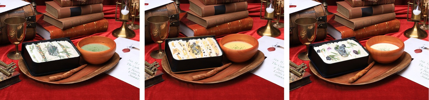 左から「OBENTO BOX スリザリン」「OBENTO BOX ハッフルパフ」「OBENTO BOX レイブンクロー」（各単品：税込1980円、各ランチボックス：単品＋税込3080円）。