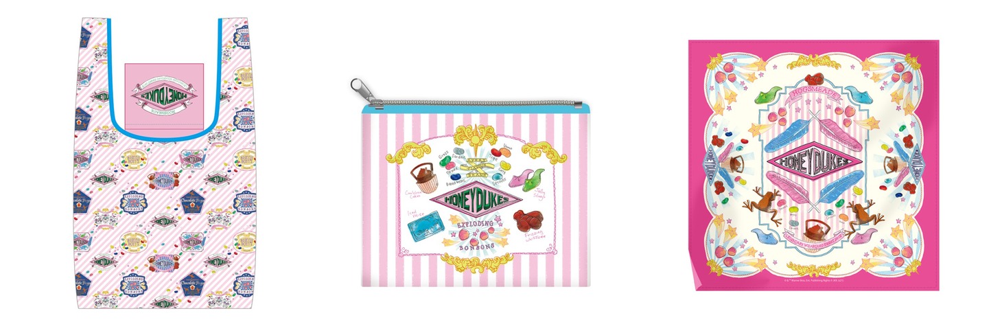 左から「エコバッグ」（税込2090円）、「サテンポーチ」（税込1815円）、「バンダナハンカチ」（税込1650円）。