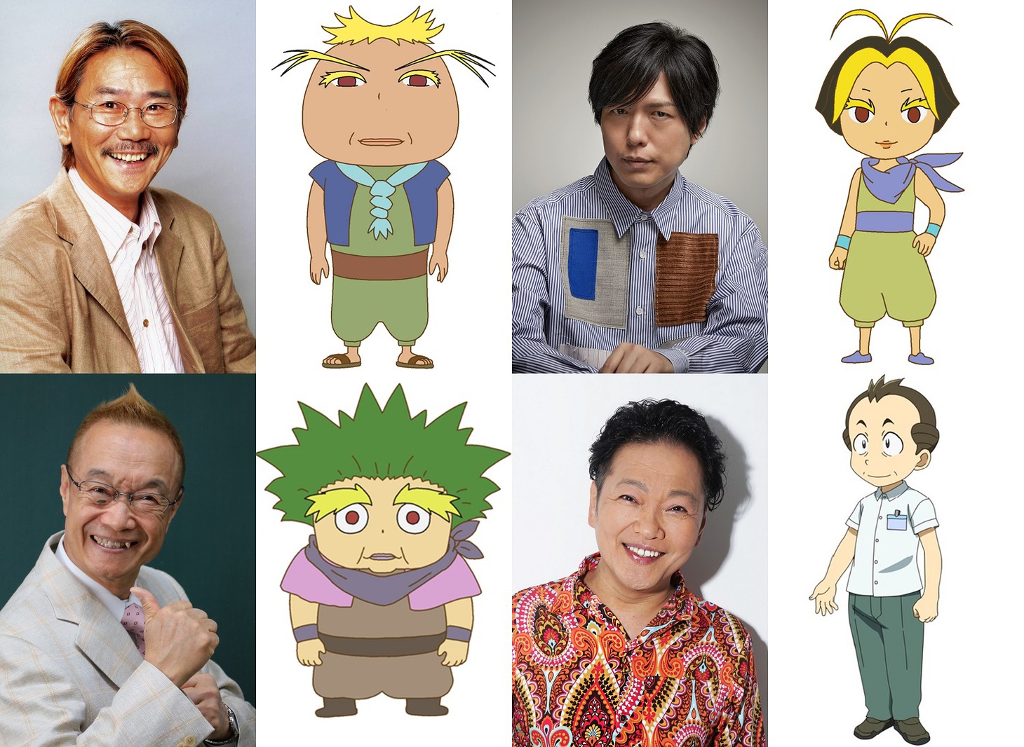 左上から時計回りに千葉繁とザザ、神谷浩史とルカ、山口勝平とコン博士、神谷明とペペ。
