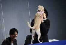 金メダルを贈呈してからちえに舐められる林遣都。