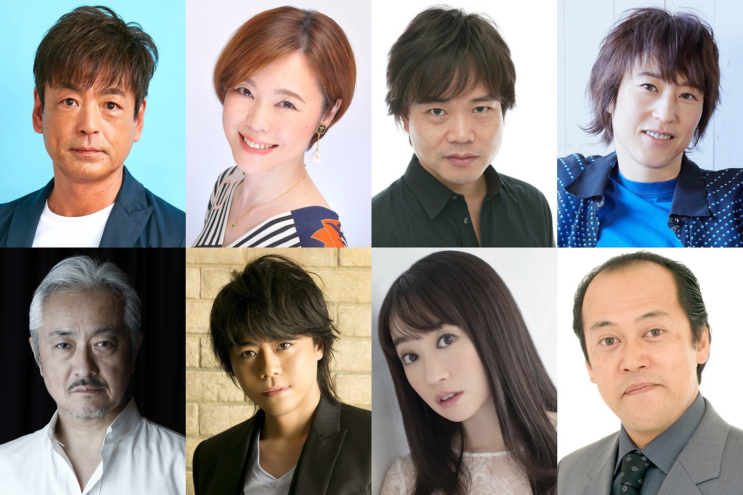 上段左から藤真秀、園崎未恵、中井和哉、斎賀みつき。下段左から山路和弘、浪川大輔、水樹奈々、多田野曜平。