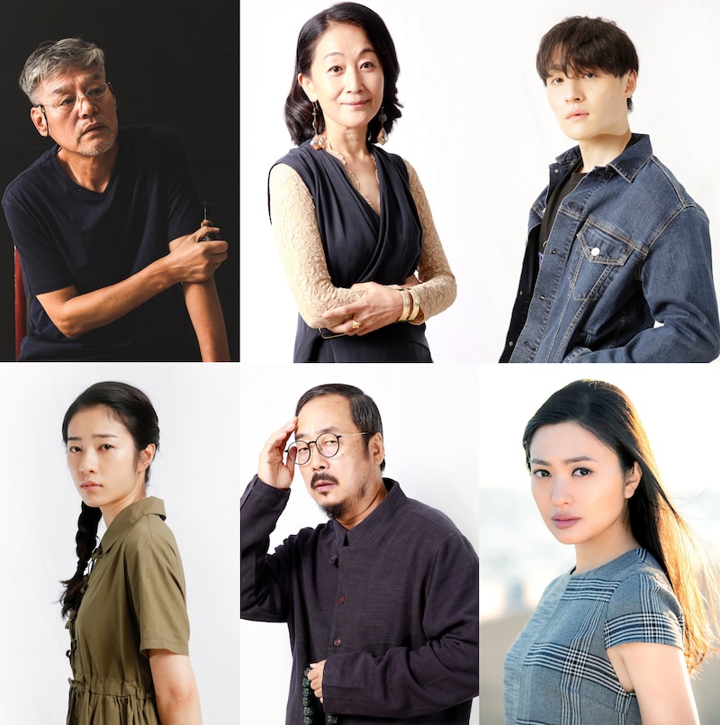 「安魂」キャスト。上段左からウェイ・ツー、陳瑾、チアン・ユー。下段左から欒蕾英、張立、北原里英。