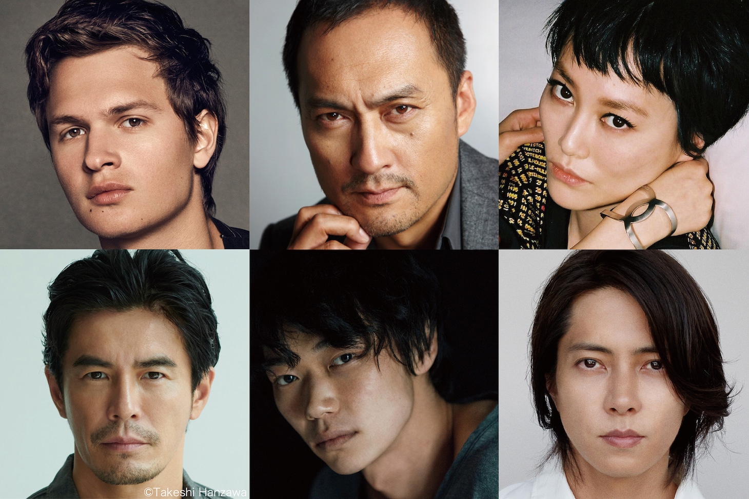 上段左からアンセル・エルゴート、渡辺謙、菊地凛子。下段左から伊藤英明、笠松将、山下智久。