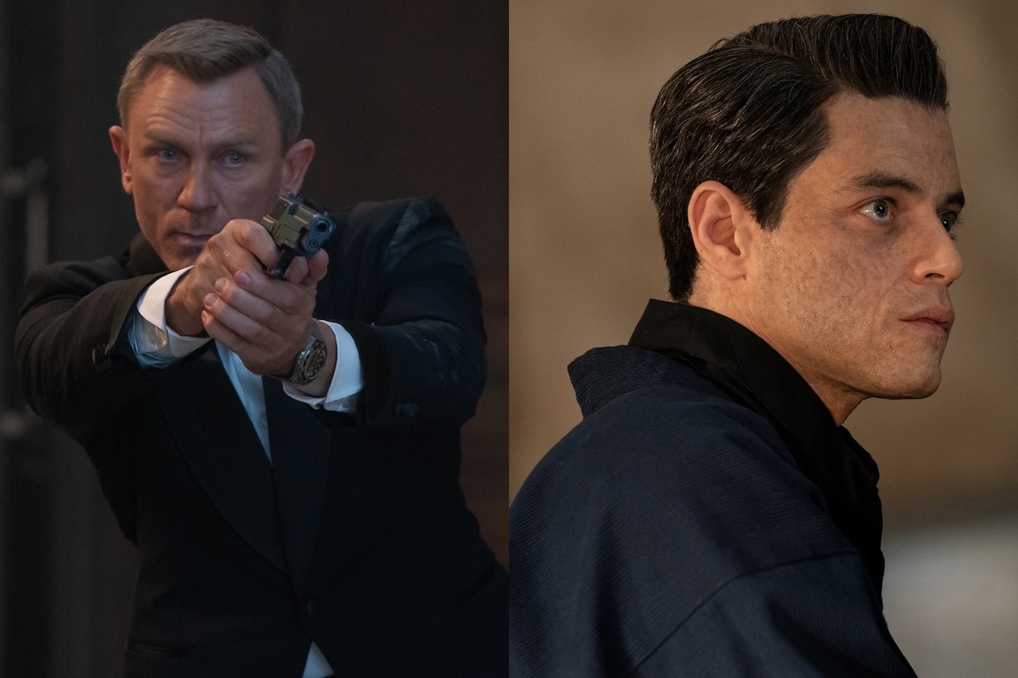左からダニエル・クレイグ演じるジェームズ・ボンド、ラミ・マレック扮するサフィン。