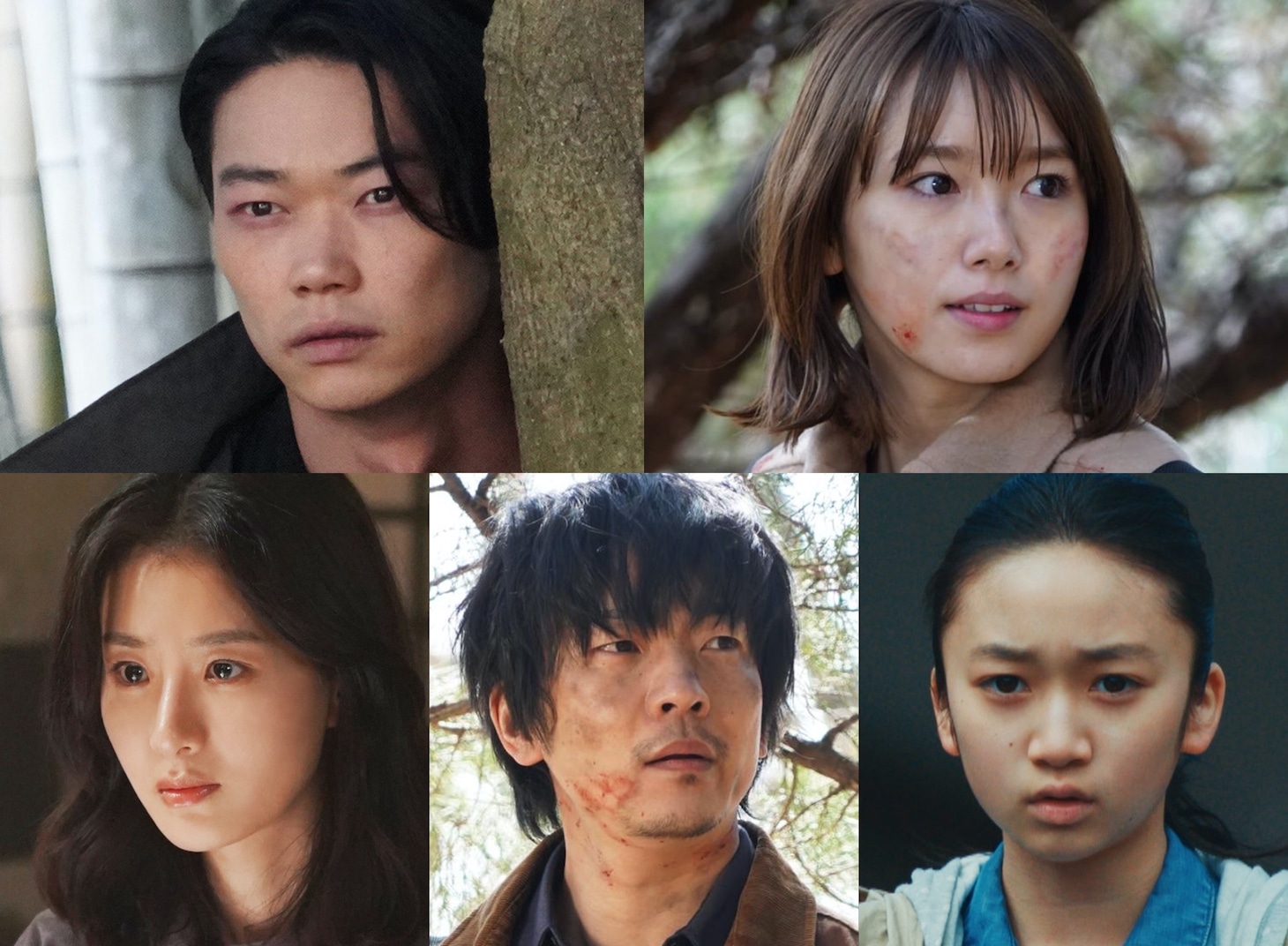 上段左から笠松将演じる等々力比呂、飯豊まりえ演じる柊佳奈恵。下段左から玄理演じるユン・ジアン、小久保寿人演じる坪井、横溝菜帆演じる三原結月。