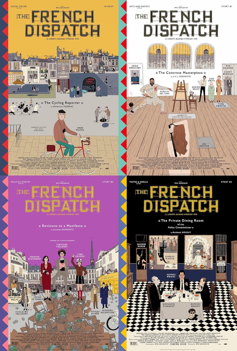 「フレンチ・ディスパッチ ザ・リバティ、カンザス・イヴニング・サン別冊」ストーリーポスター（4種類）