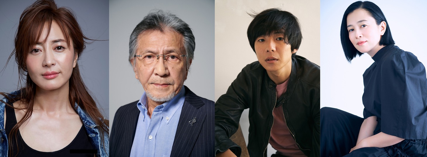 「#居酒屋新幹線」ゲストキャスト。左から新山千春、大石吾朗、水間ロン、坂井真紀。