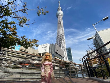 東京スカイツリーをバックに記念撮影をするペネロープ。（人形制作：造形作家・坂本健二）