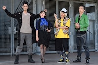 「仮面ライダーオーズ 10th 復活のコアメダル」より、左からガメル役の松本博之、メズール役の矢作穂香、カザリ役の橋本汰斗、ウヴァ役のヤマダユウスケ。