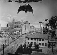 「空の大怪獣ラドン」（1956年）より 、福岡・岩田屋周辺ミニチュアセットのメイキング写真。
(c)TOHO CO., LTD.
