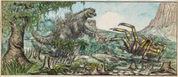「怪獣島の決戦 ゴジラの息子」（1967 年）より、ゴジラ対クモンガのイメージボード。
 (c)TOHO CO., LTD.