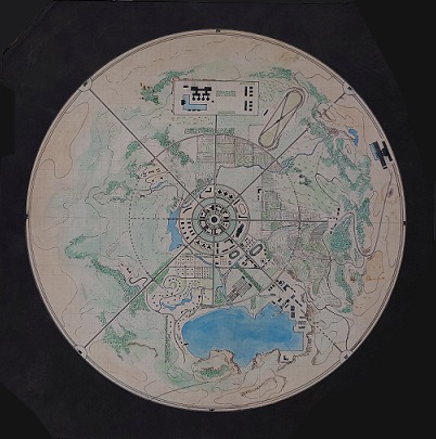 「緯度0大作戦」（1969年）より、緯度0基地の設定俯瞰図。  (c)TOHO CO., LTD.