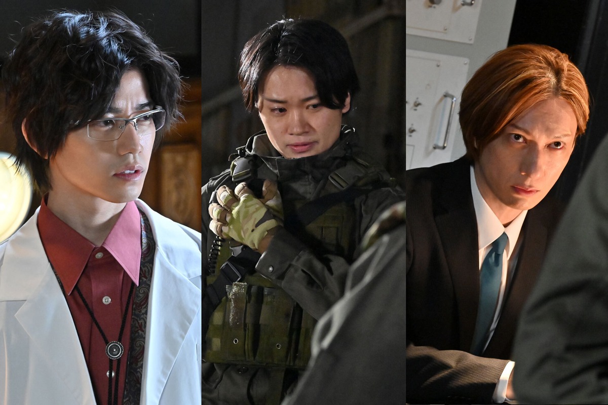 左から高橋健介演じる狩崎真澄、鳥越裕貴演じるノア武装部隊隊長、村田充演じる東山。