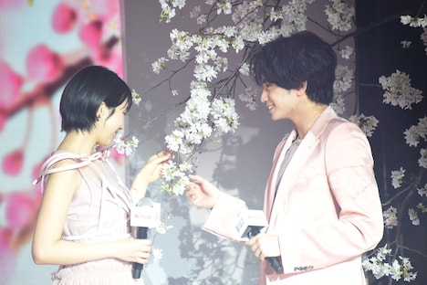 桜を愛でる中島健人(右)と松本穂香(左)。