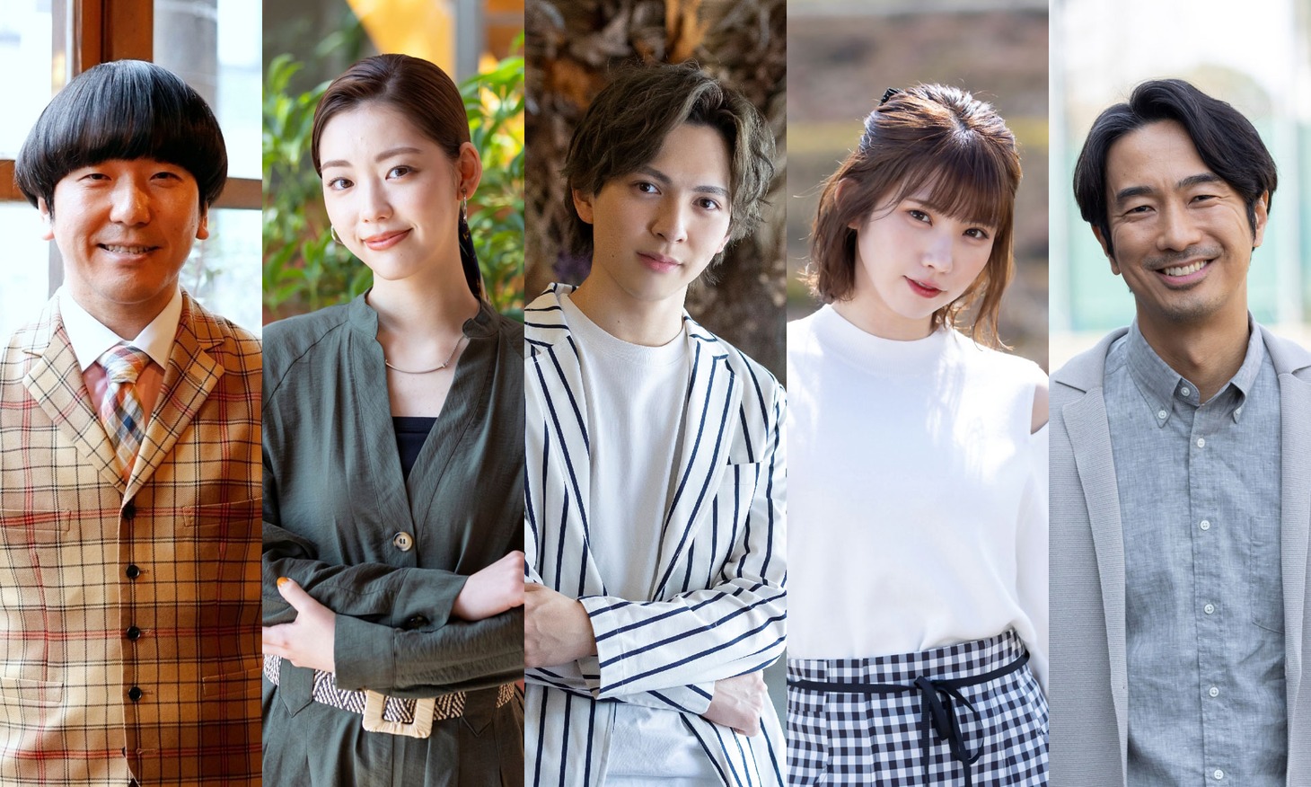 左から本多力、中村里帆、吉田仁人、えなこ、眞島秀和。