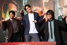 「ファンタスティック・ビーストとダンブルドアの秘密」吹き替え裏話付き舞台挨拶の様子。左から井上和彦、宮野真守、森川智之。