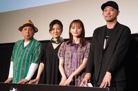 「N号棟」完成披露上映会の様子。左から諏訪太朗、赤間麻里子、萩原みのり、後藤庸介。