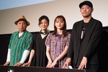 「N号棟」完成披露上映会の様子。左から諏訪太朗、赤間麻里子、萩原みのり、後藤庸介。