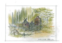焼失した燻製小屋のスケッチ。