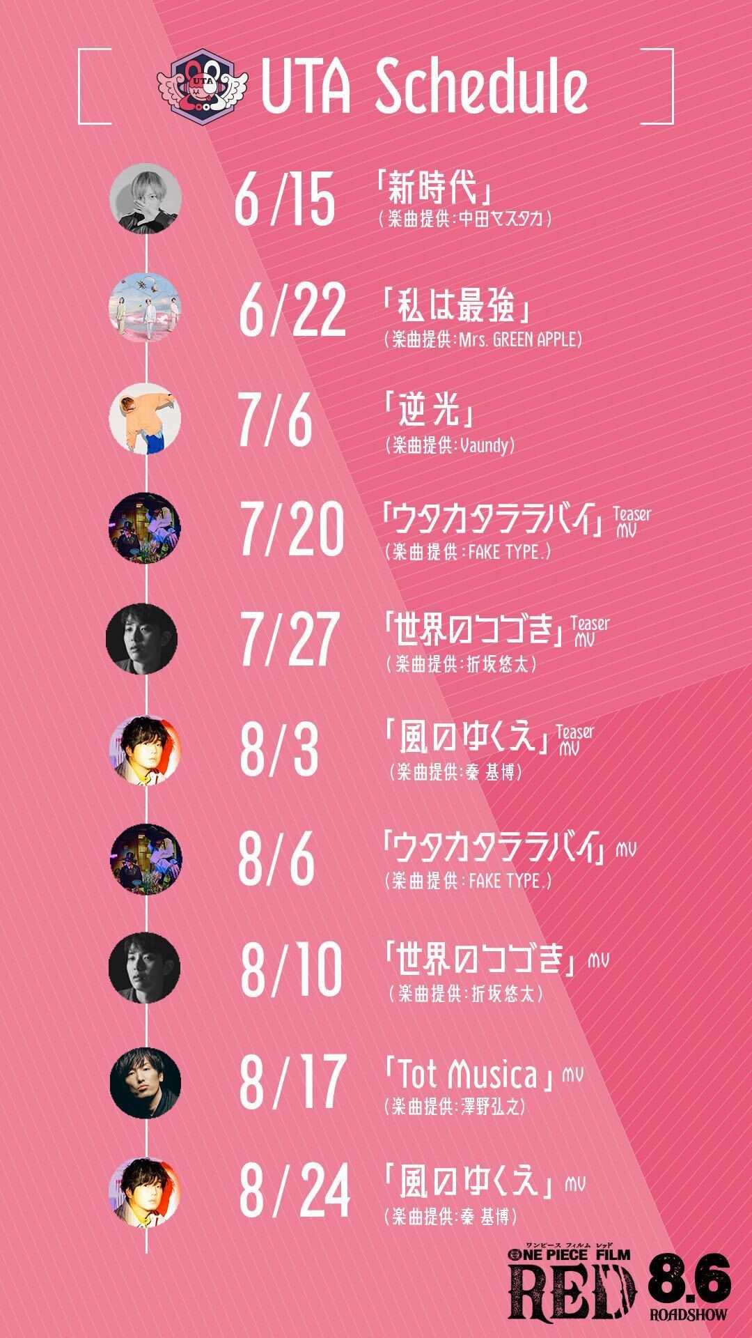 ウタの楽曲・MV配信スケジュール。